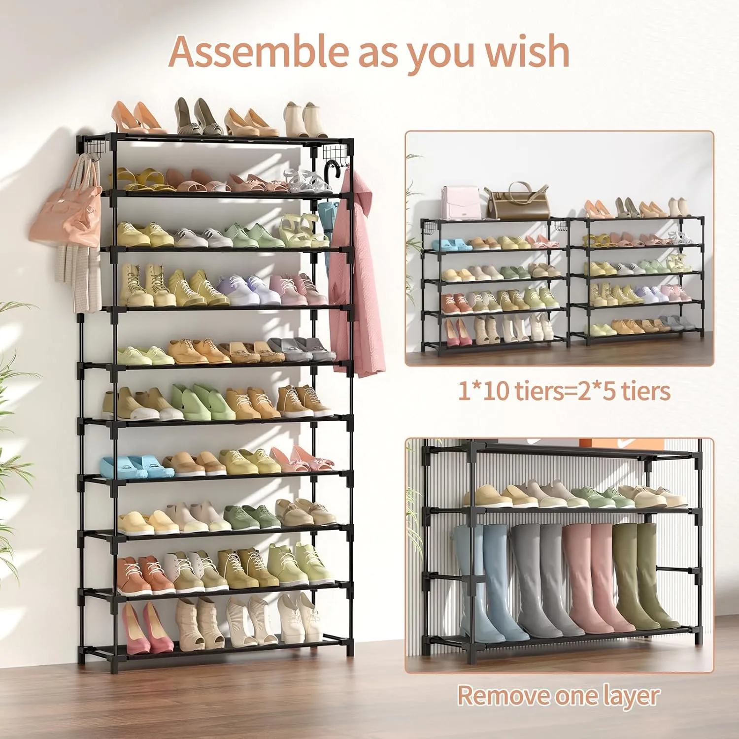 10 Tiers Shoe Rack 50 Pairs Large Capacity Tall Shoe Organizer Sturdy Shoe Storage with Two Hooks Space Saving Metal Wide Shoe Rack for Closet, Entryway, Bedroom, Black