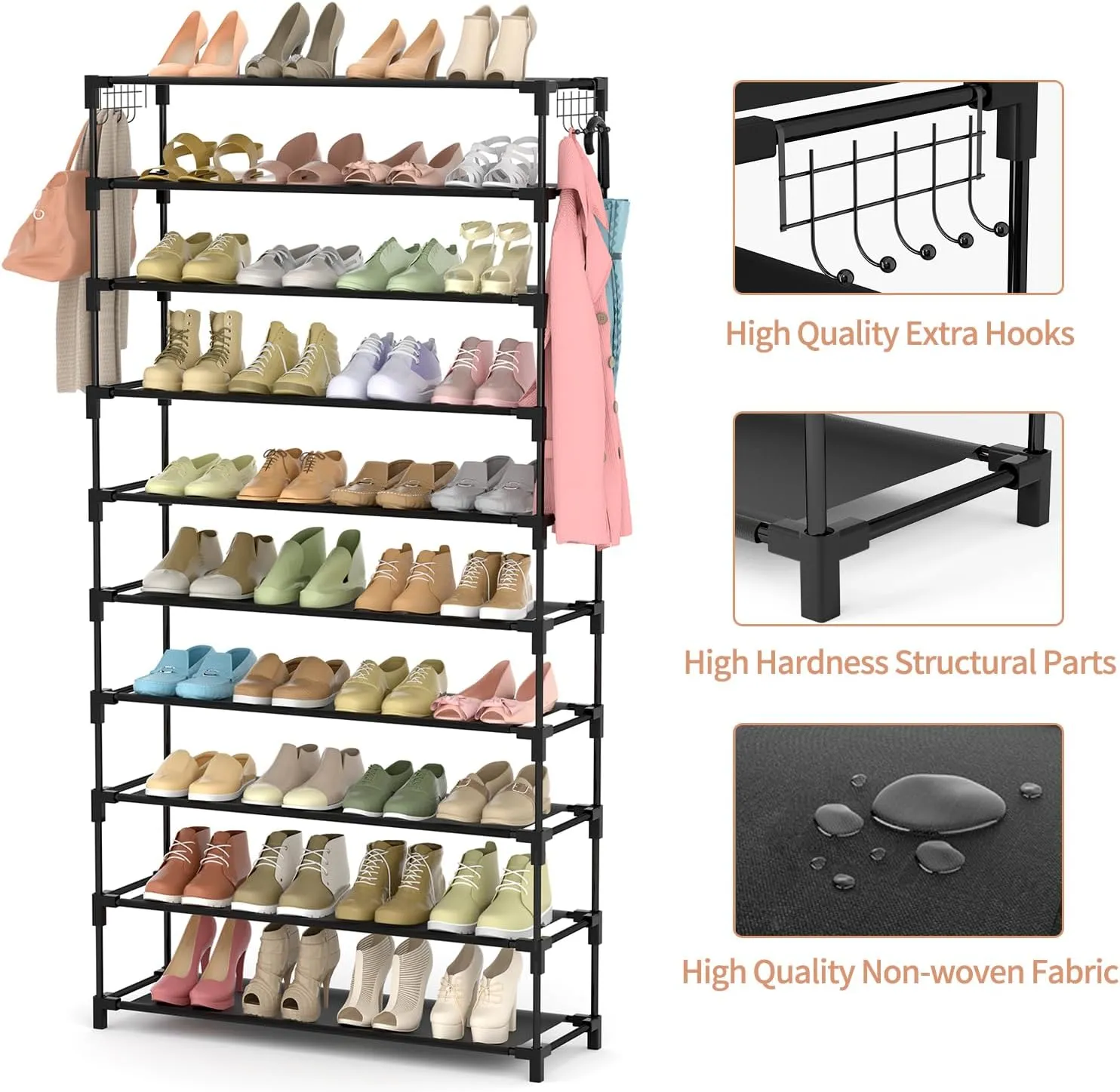 10 Tiers Shoe Rack 50 Pairs Large Capacity Tall Shoe Organizer Sturdy Shoe Storage with Two Hooks Space Saving Metal Wide Shoe Rack for Closet, Entryway, Bedroom, Black