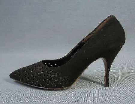 50s Stiletto Heels Deadstock Vintage Women's Brown Suede Cutwork 60s Shoes Bellissimi 7-9 VFG