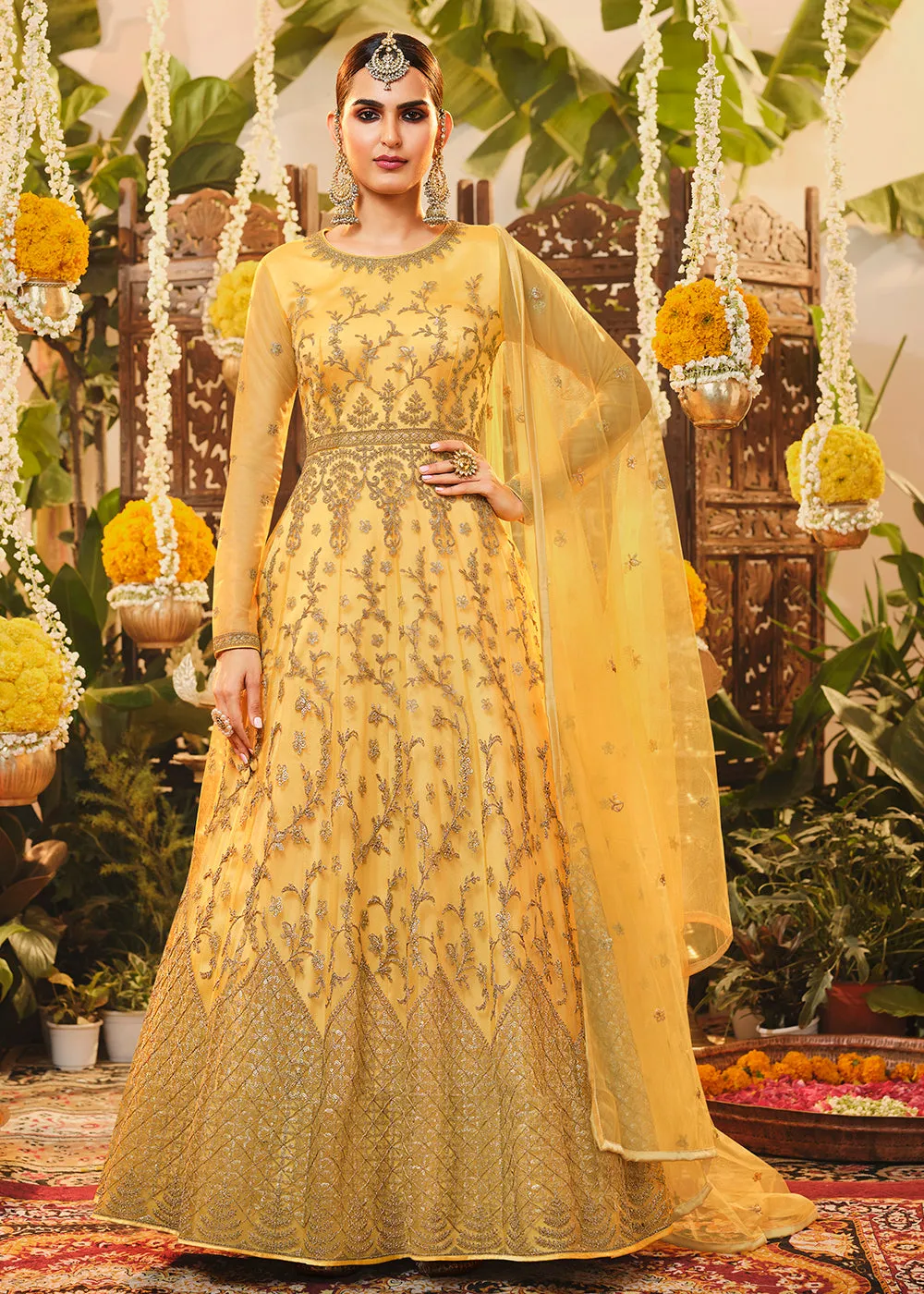 Beautiful Haldi Yellow Embroidered Designer Floor Length Anarkali