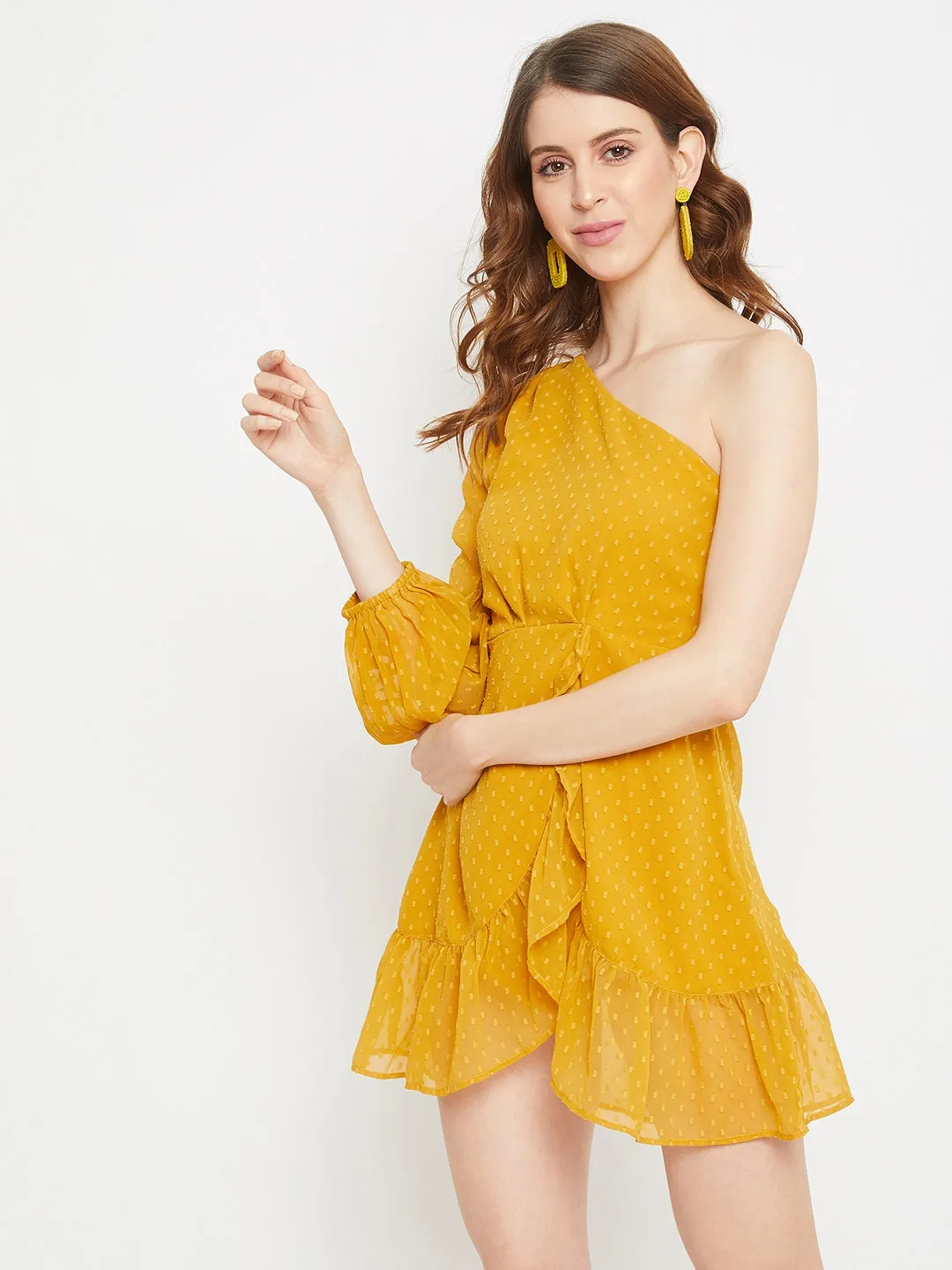 Berrylush Women Mustard Dotted One-Shoulder Fit & Flare Mini Dress