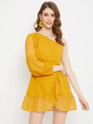 Berrylush Women Mustard Dotted One-Shoulder Fit & Flare Mini Dress