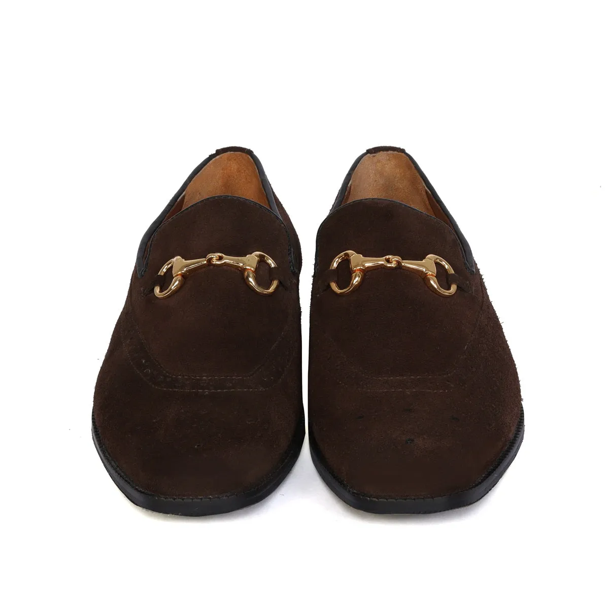 Brogue Detailing Men's Loafers in dark Brown Suede Leather with Golden Horse-Bit Buckle