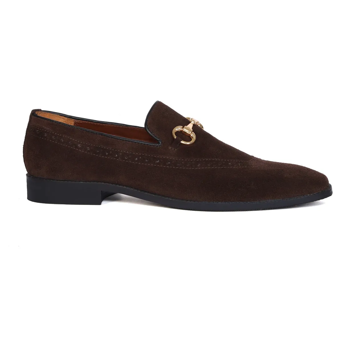 Brogue Detailing Men's Loafers in dark Brown Suede Leather with Golden Horse-Bit Buckle