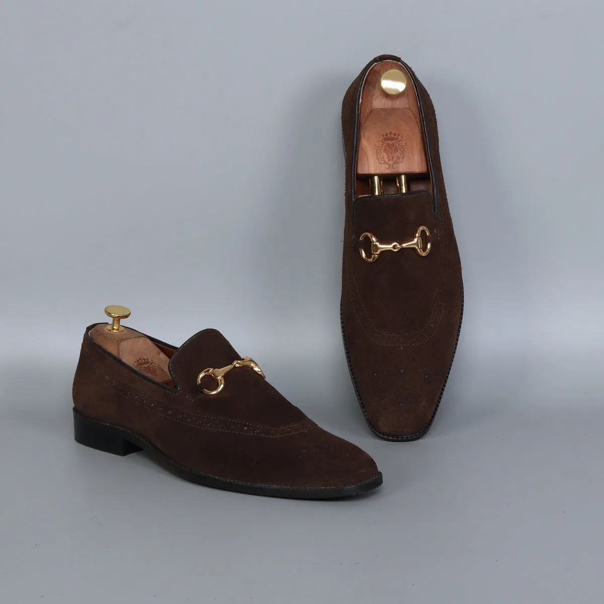 Brogue Detailing Men's Loafers in dark Brown Suede Leather with Golden Horse-Bit Buckle