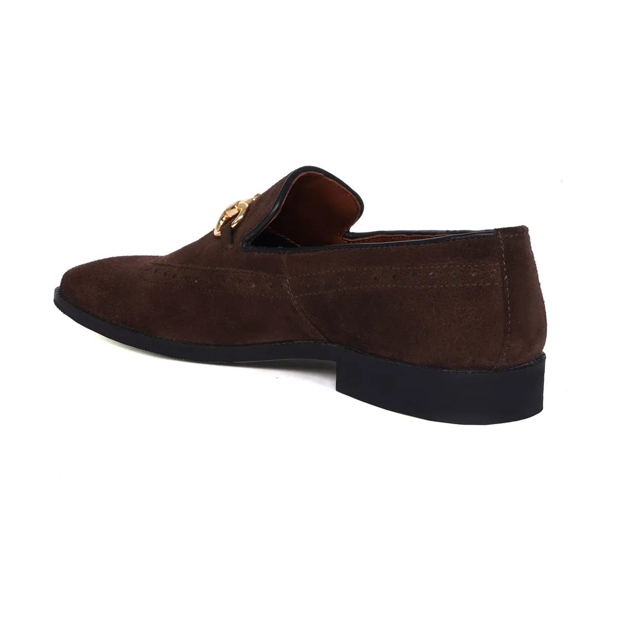 Brogue Detailing Men's Loafers in dark Brown Suede Leather with Golden Horse-Bit Buckle