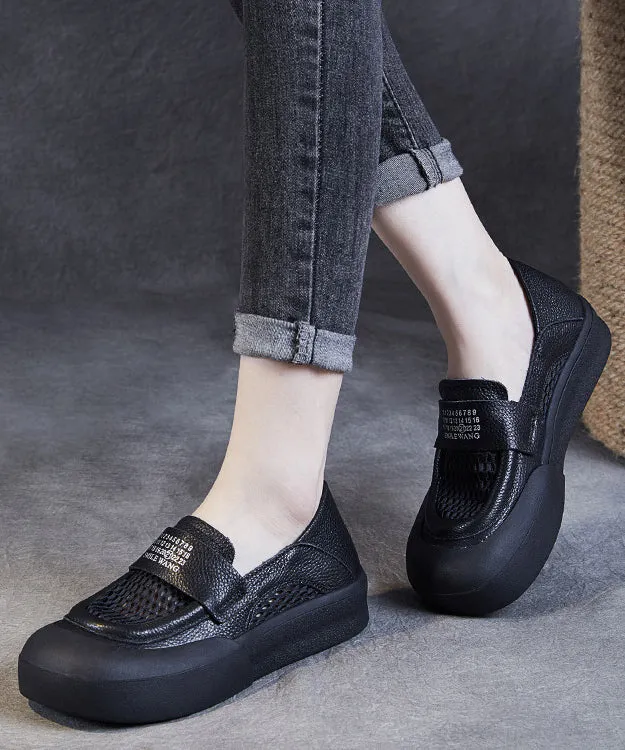 Casual Black Cowhide Leather Hollow Out Loafers Shoes For Women JJ017