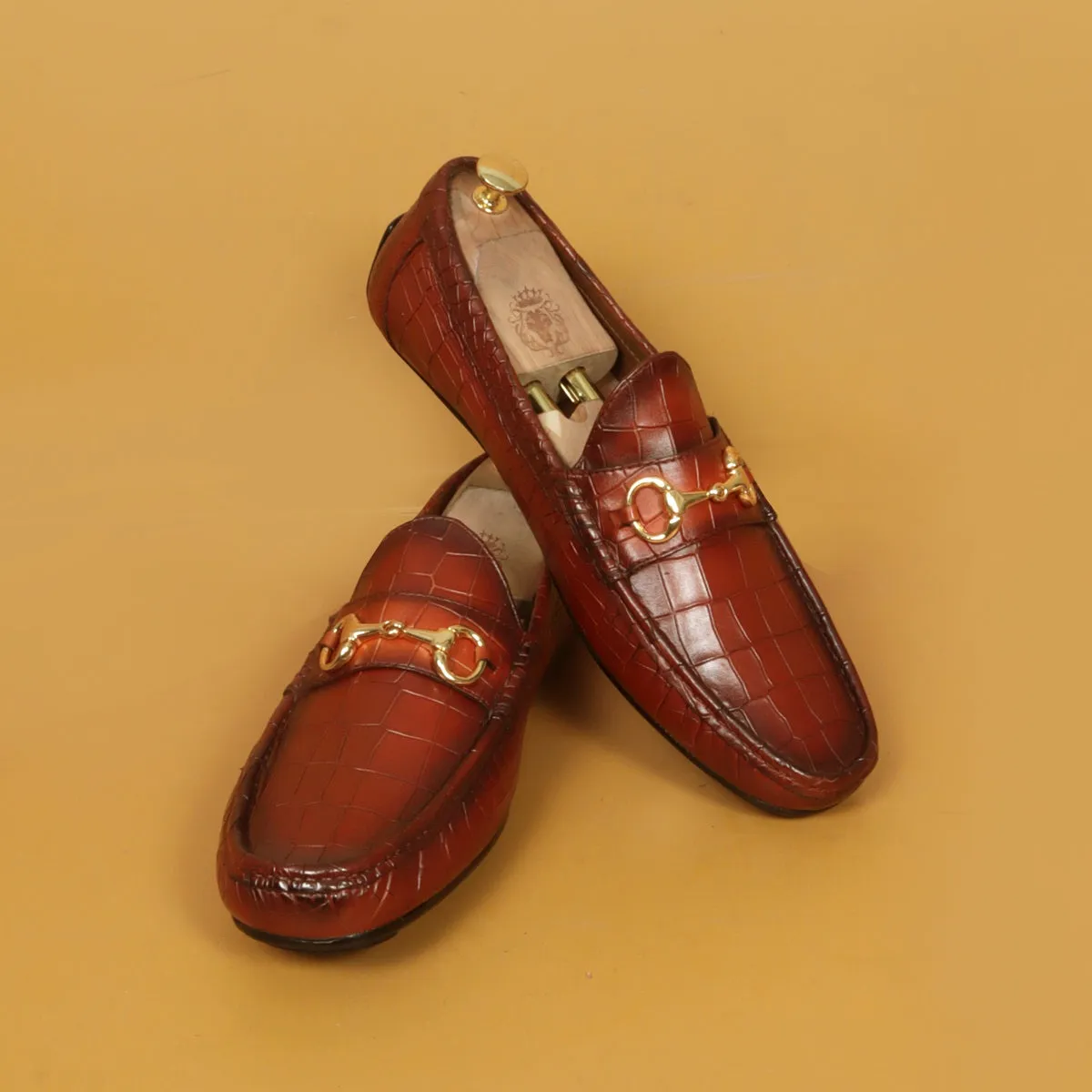 Croco Textured Driver Loafer Shoe in Cognac Leather