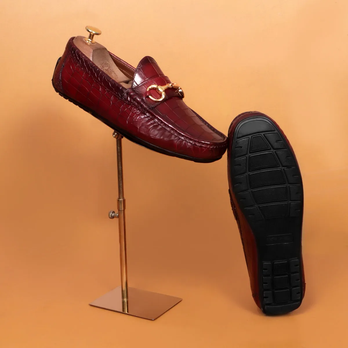 Croco Textured Driver Loafer Shoe in Wine Leather