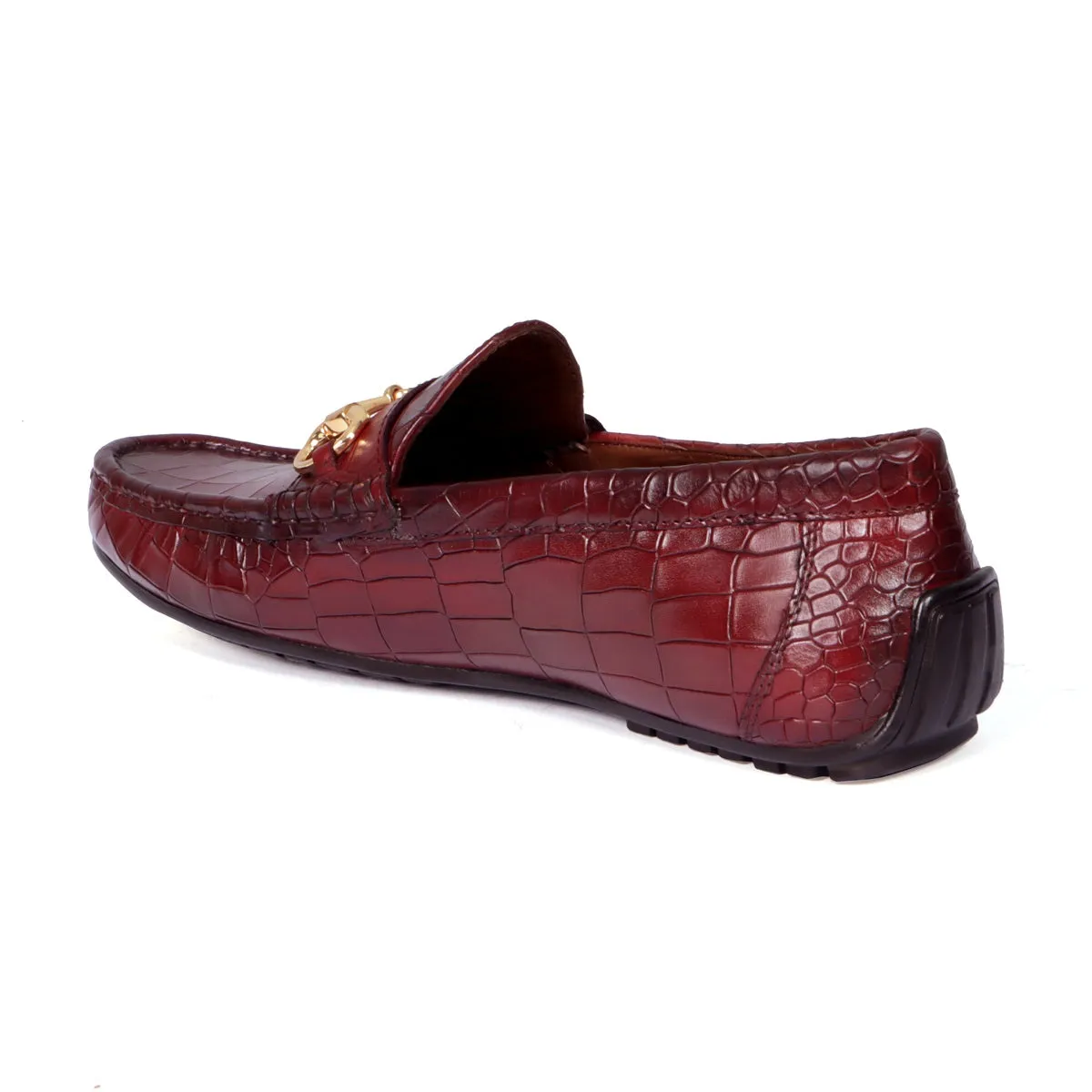 Croco Textured Driver Loafer Shoe in Wine Leather