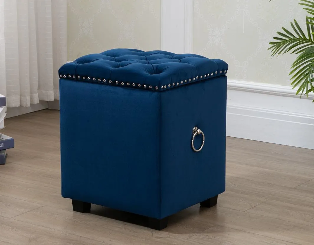 Cubix Blue Fabric Storage Ottoman Tufted Blanket Box Foot Stool Studs and Rings