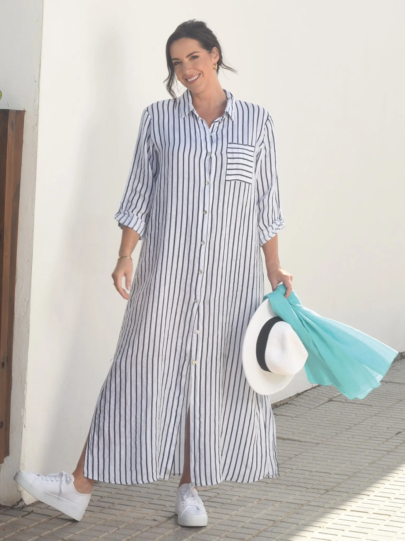 Daryl Linen Dress - White/Navy