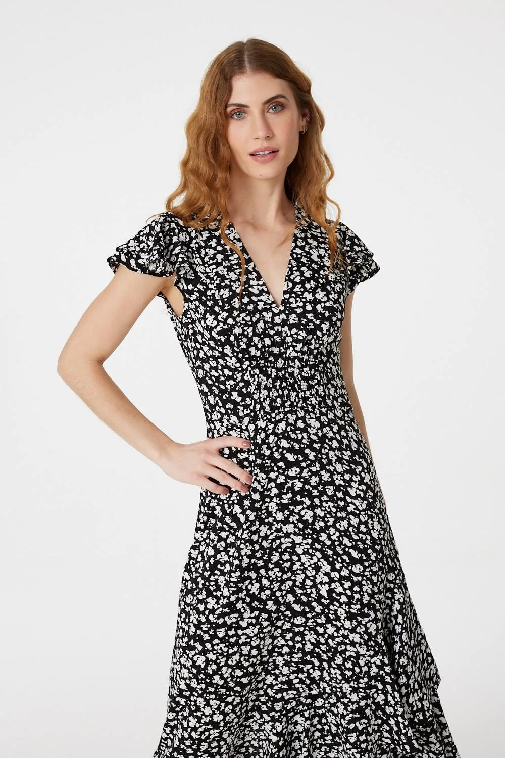 Ditsy Print V-Neck Frilled Midi Dress