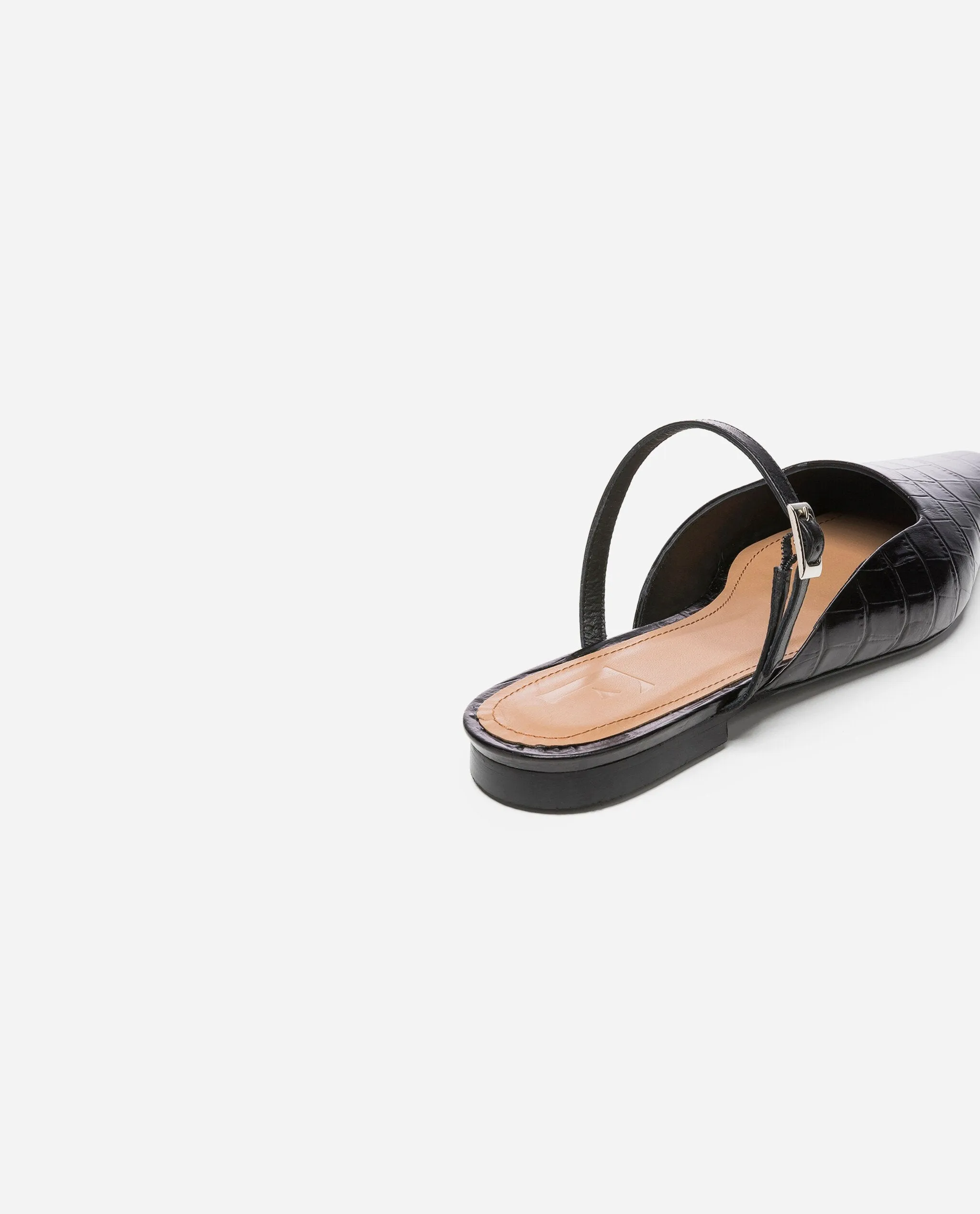 Dolores Black Croco Nappa Flat Mules