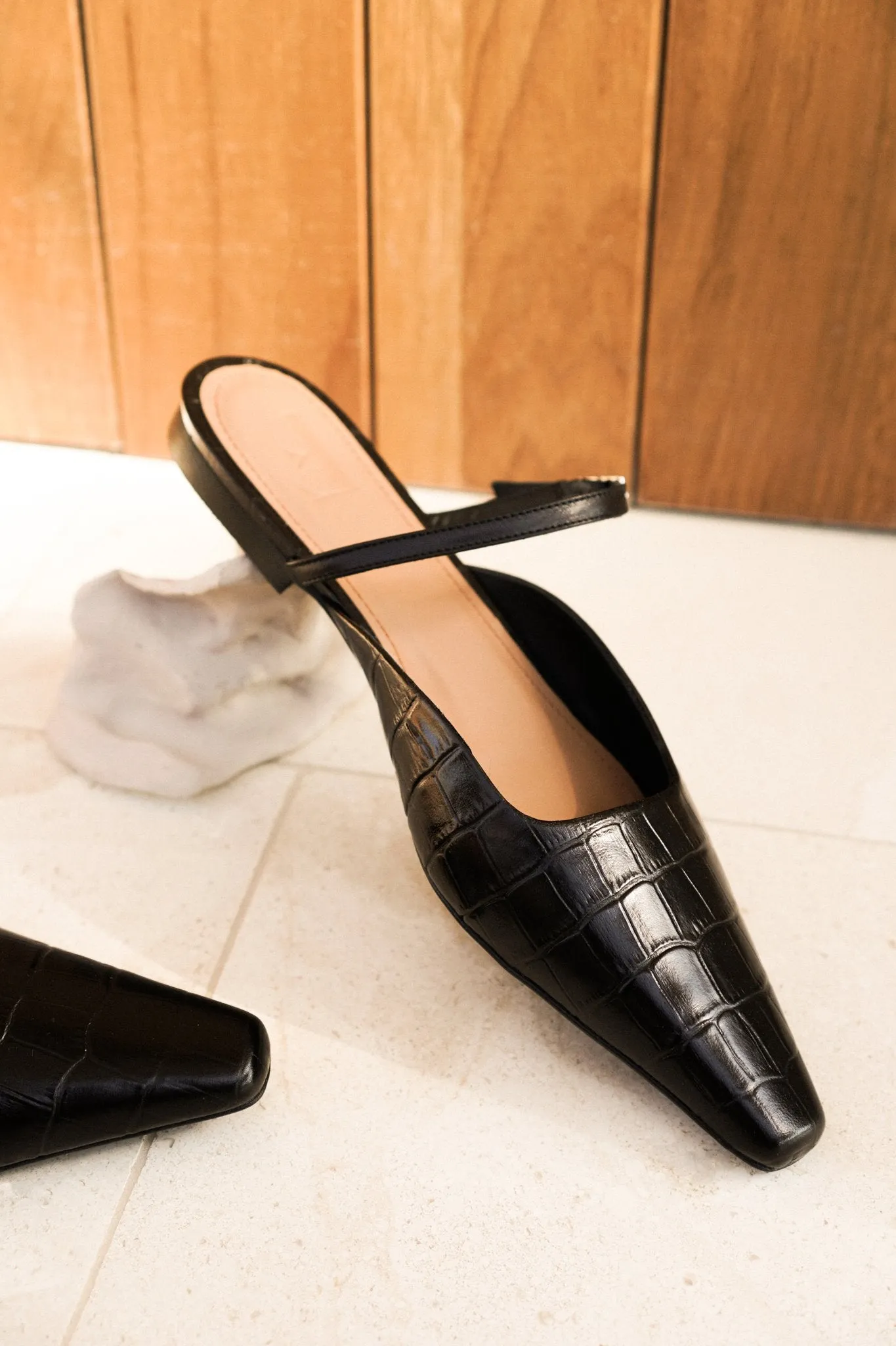 Dolores Black Croco Nappa Flat Mules