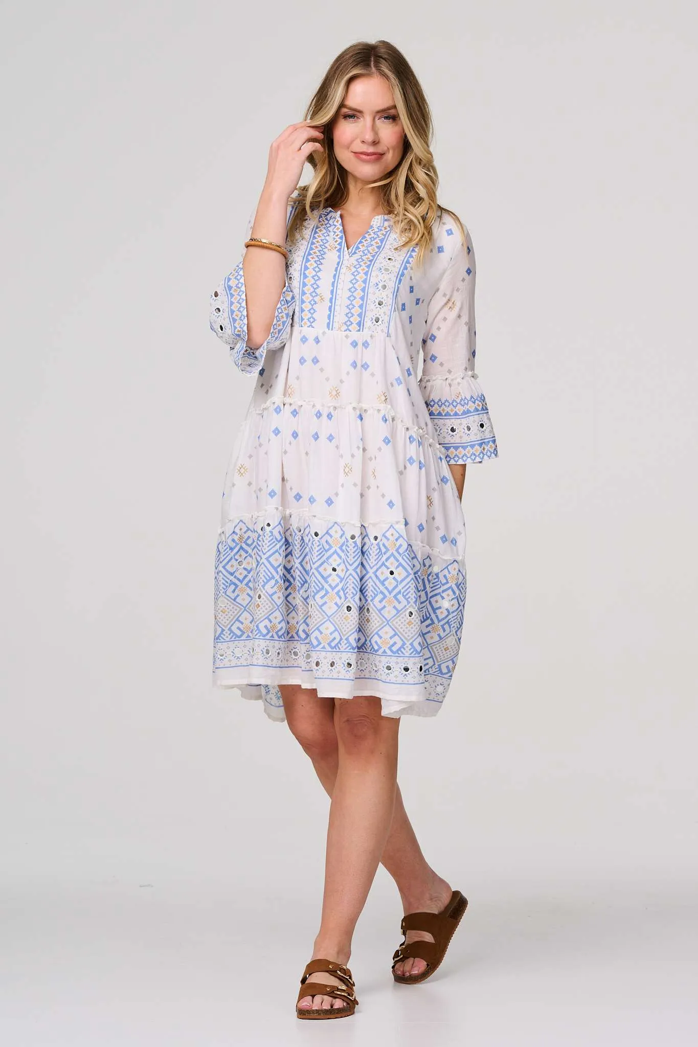 Embroidered 3/4 Flared Sleeve Short Smock Dress