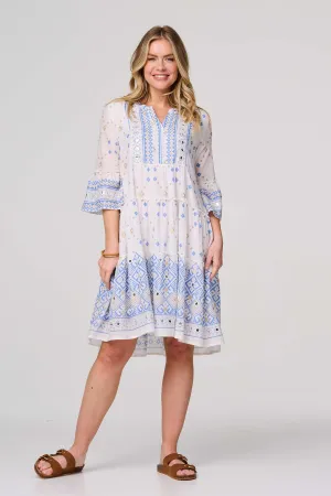 Embroidered 3/4 Flared Sleeve Short Smock Dress