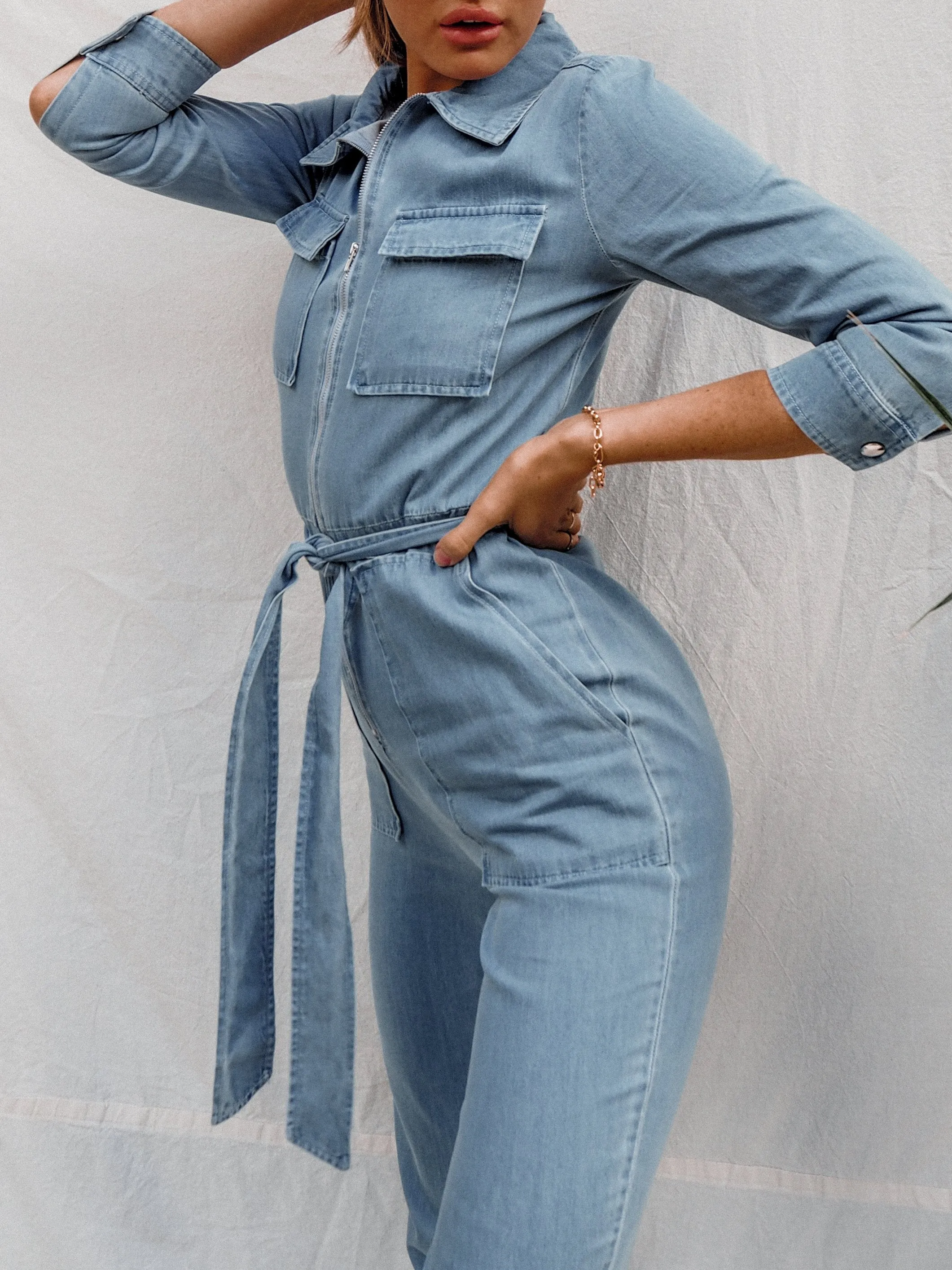 Emma Chambray Blue Utility Jumpsuit