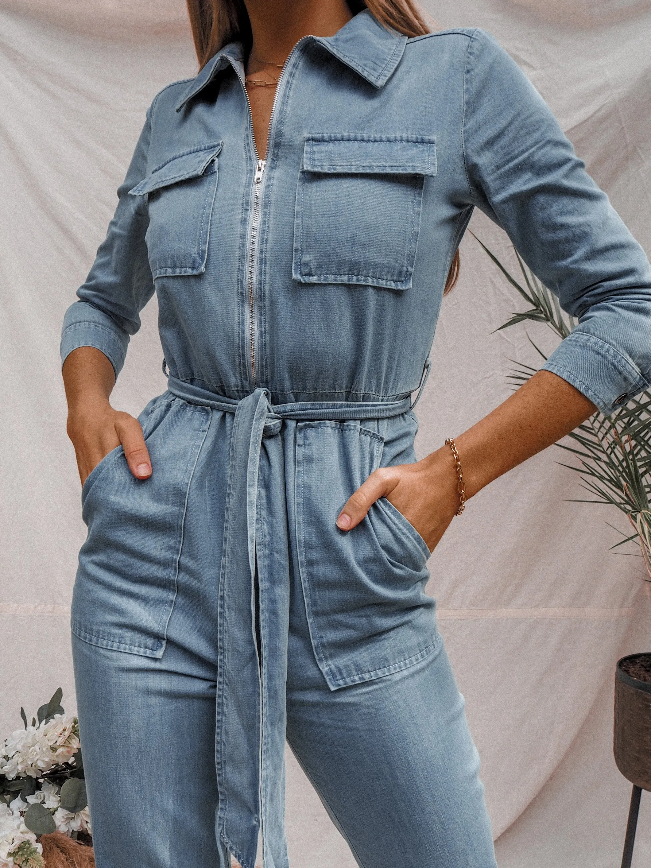 Emma Chambray Blue Utility Jumpsuit