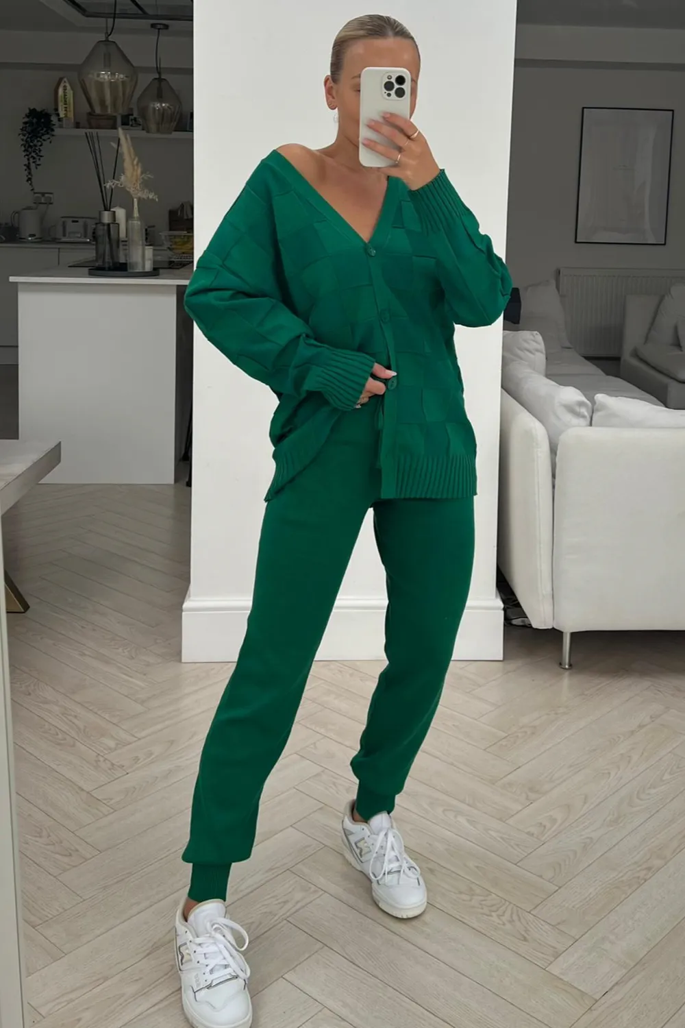 Erin green square knit cardigan loungewear set