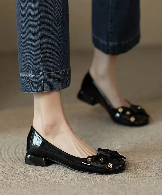 Fashion Black Bow Splicing Chunky Penny Loafers QK043