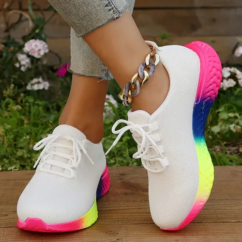 Fashion Rainbow Sole Knit Sneakers Women Mesh Breathable Platform