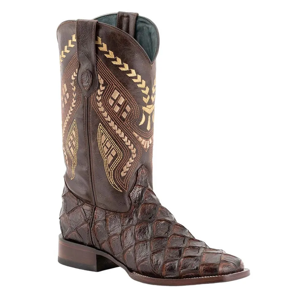 Ferrini Bronco Chocolate Pirarucu Print Square Toe Leather Cowboy Boots