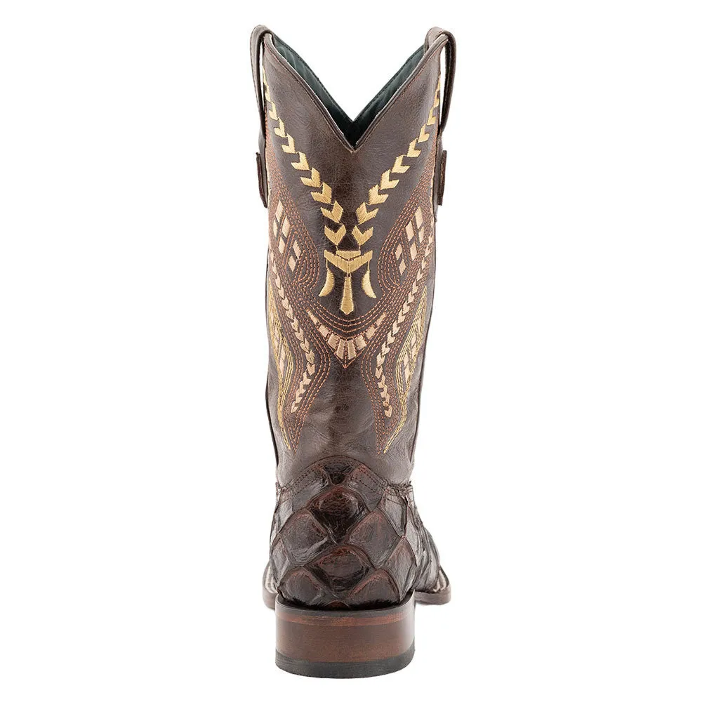 Ferrini Bronco Chocolate Pirarucu Print Square Toe Leather Cowboy Boots