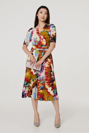 Floral 1/2 Sleeve Midi Faux Wrap Dress