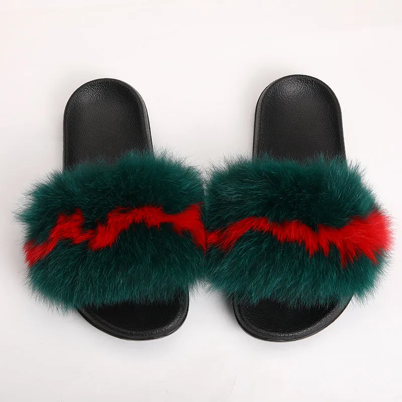 fur slides for women REAL BIG FURRY slippers flush soft raccoon outdoor slider sandals fox fur slipper