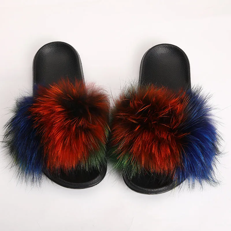 fur slides for women REAL BIG FURRY slippers flush soft raccoon outdoor slider sandals fox fur slipper