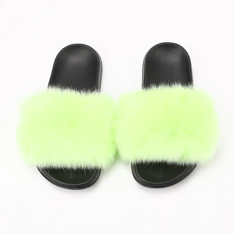 fur slides for women REAL BIG FURRY slippers flush soft raccoon outdoor slider sandals fox fur slipper