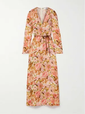 Golden belted floral-print linen maxi dress