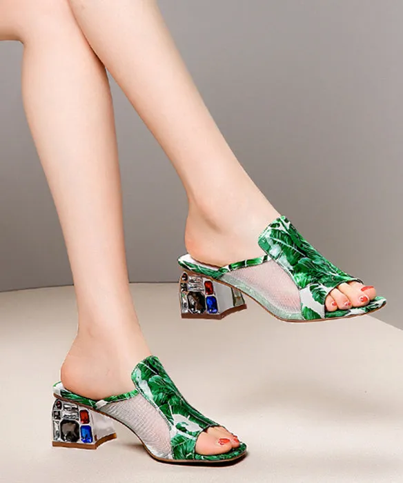 Green Breathable Mesh Splicing Zircon Slide Sandals RT1052