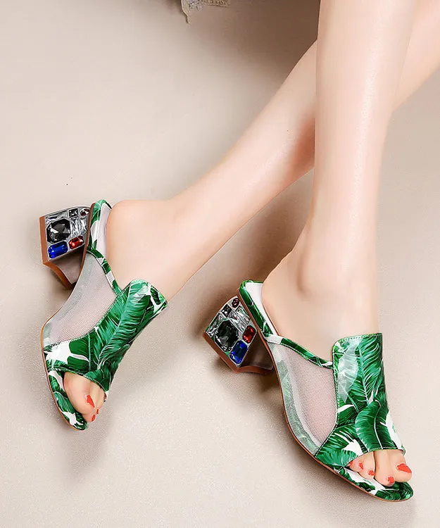 Green Breathable Mesh Splicing Zircon Slide Sandals RT1052