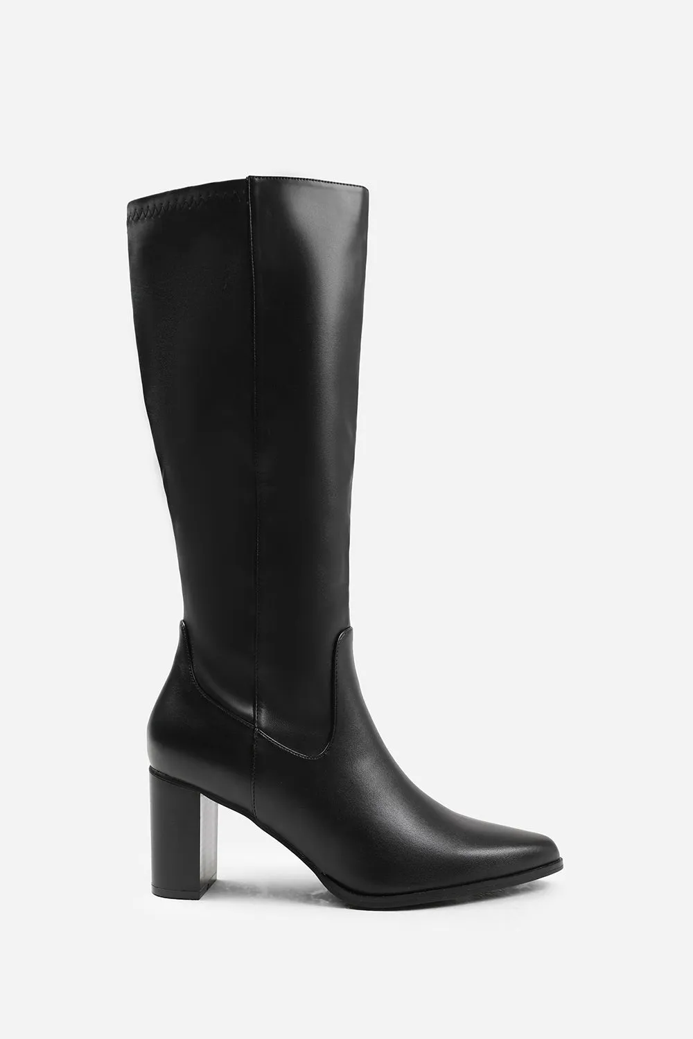 HAWTHORN STRETCH WIDE CALF BLOCK HEEL KNEE HIGH BOOTS WITH STITCH DETAIL IN WIDE E FIT IN BLACK FAUX LEATHER