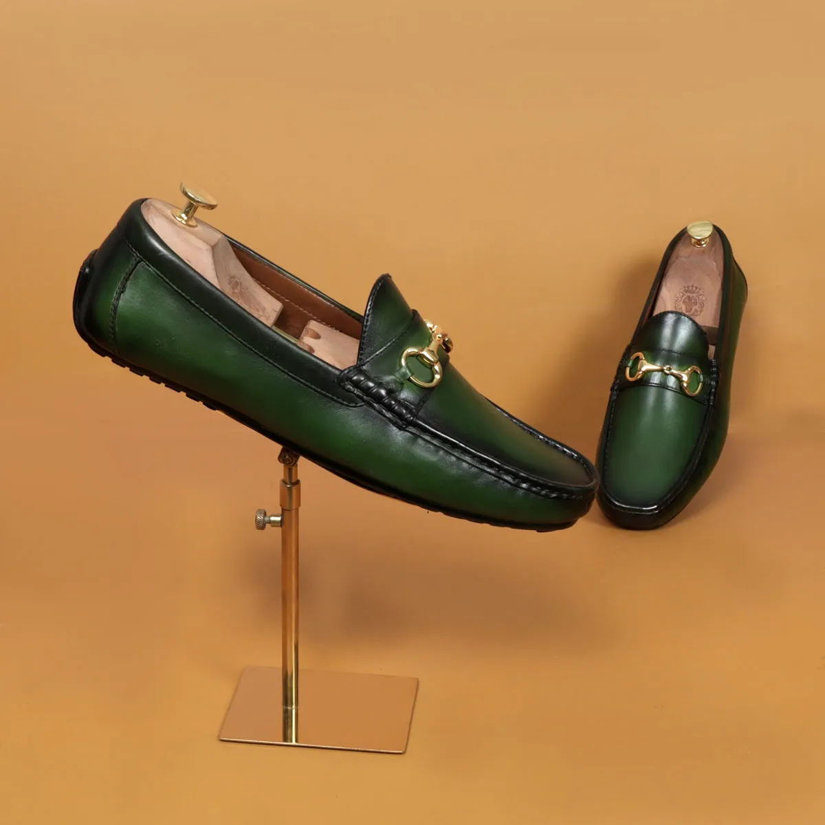 Horsebit Driving Loafers Shoe in Green Leather