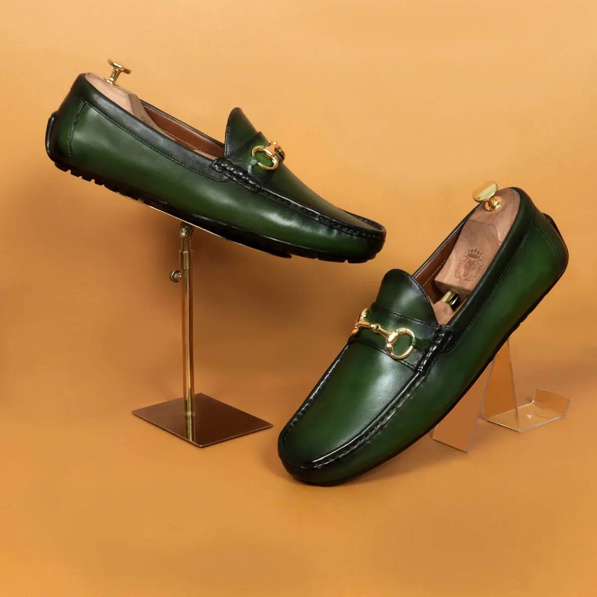 Horsebit Driving Loafers Shoe in Green Leather