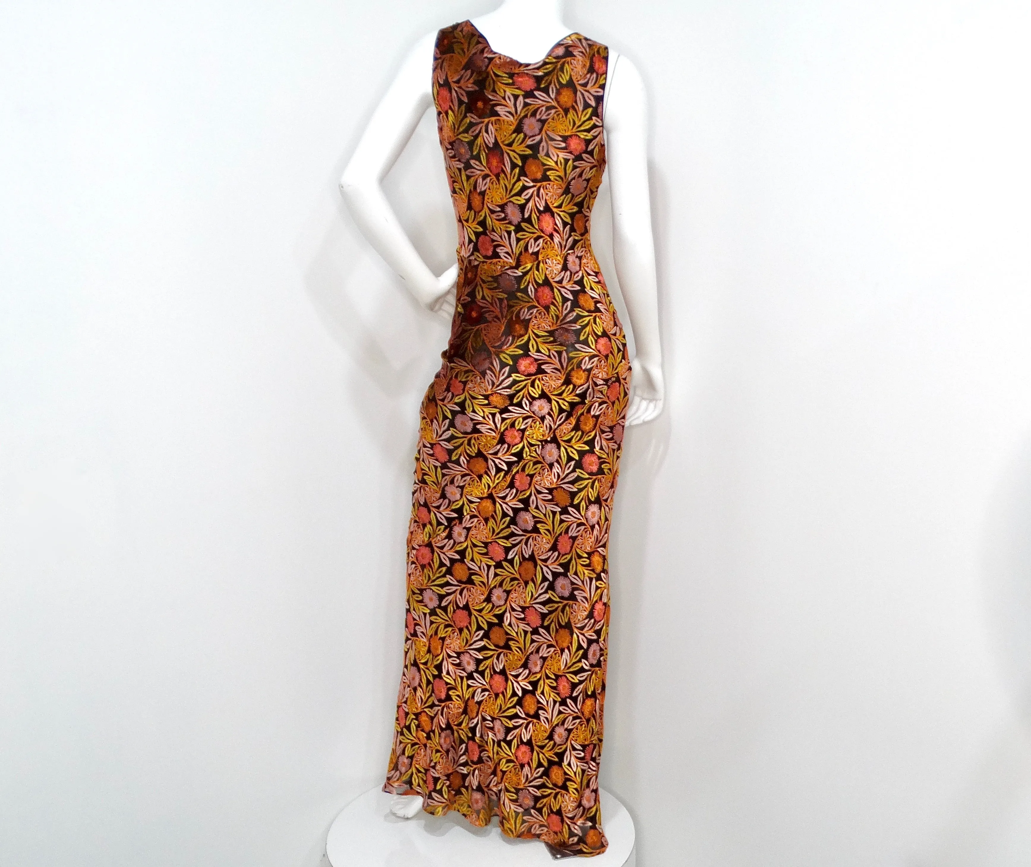 John Galliano Vintage Floral Print Semi-Sheer Maxi Dress