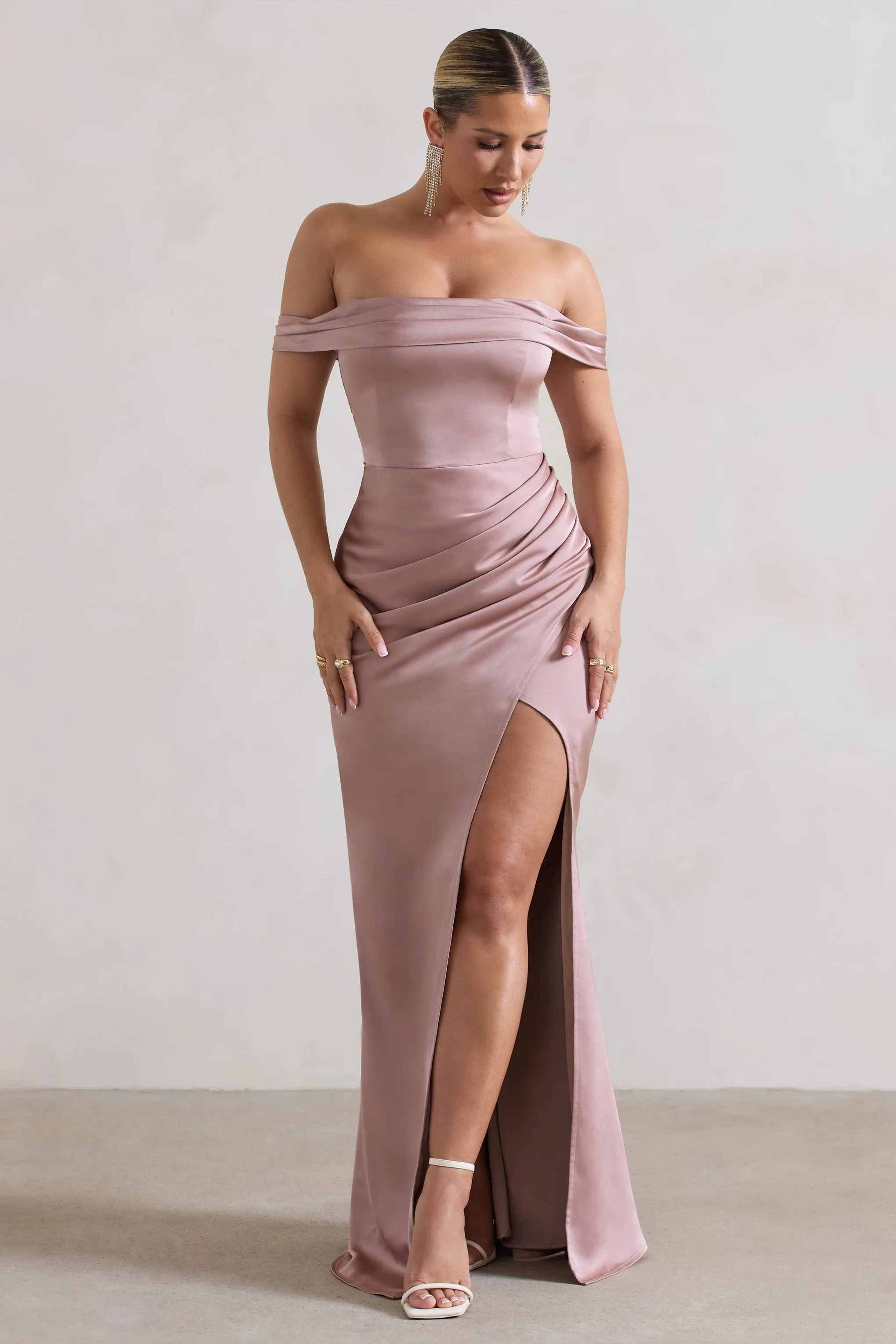 Katia | Blush Pink Satin Bardot Maxi Dress