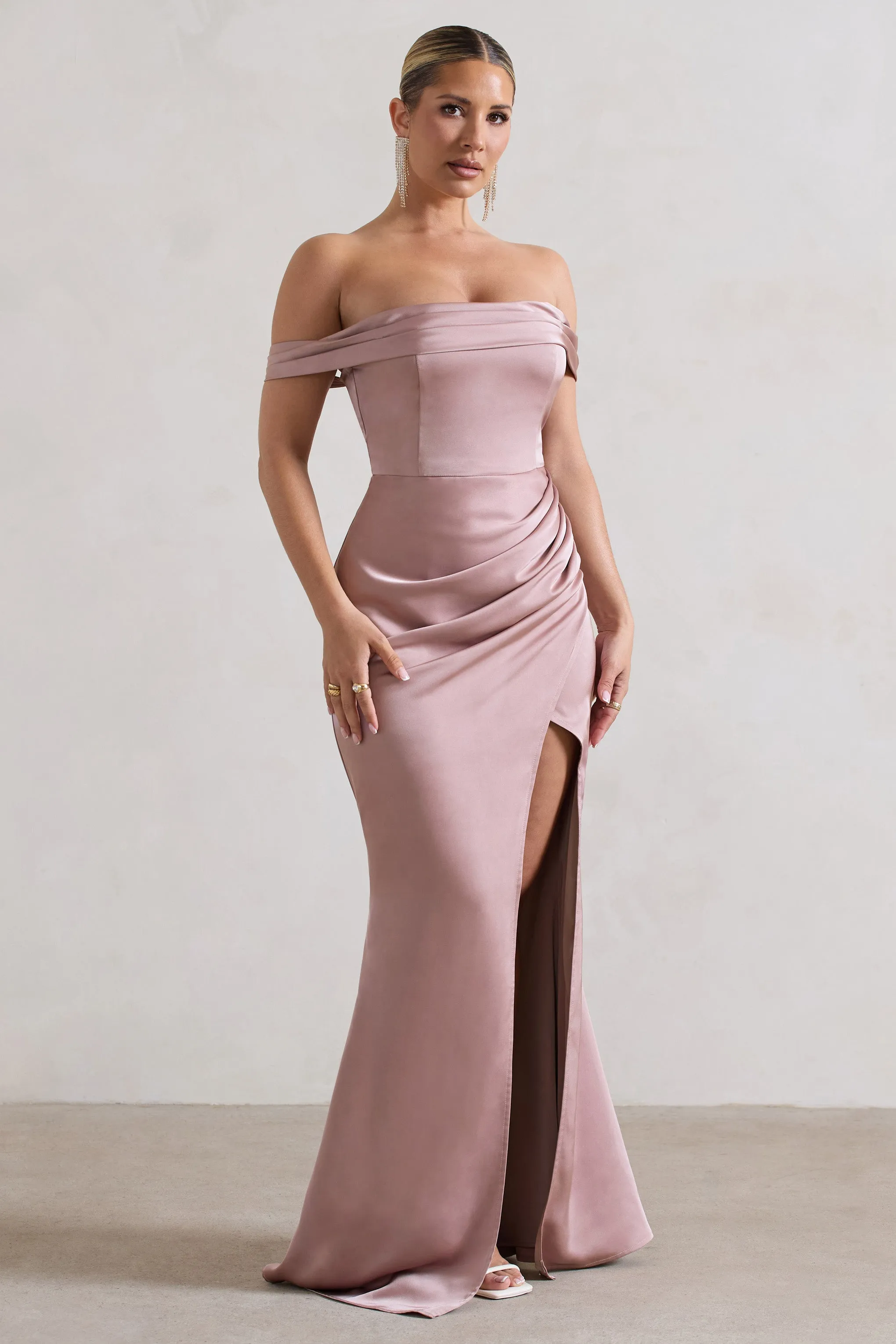 Katia | Blush Pink Satin Bardot Maxi Dress