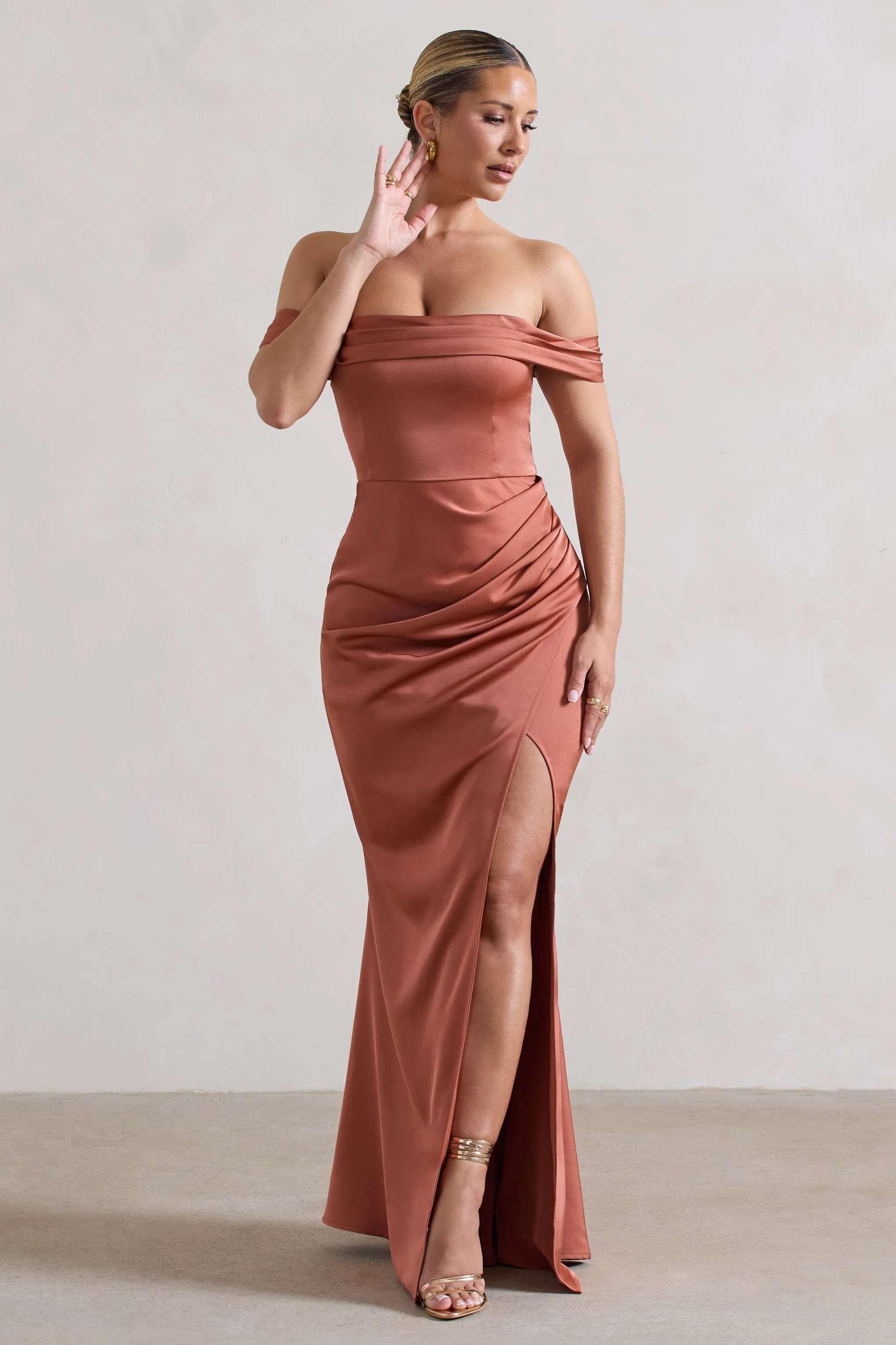 Katia | Rust Satin Bardot Maxi Dress