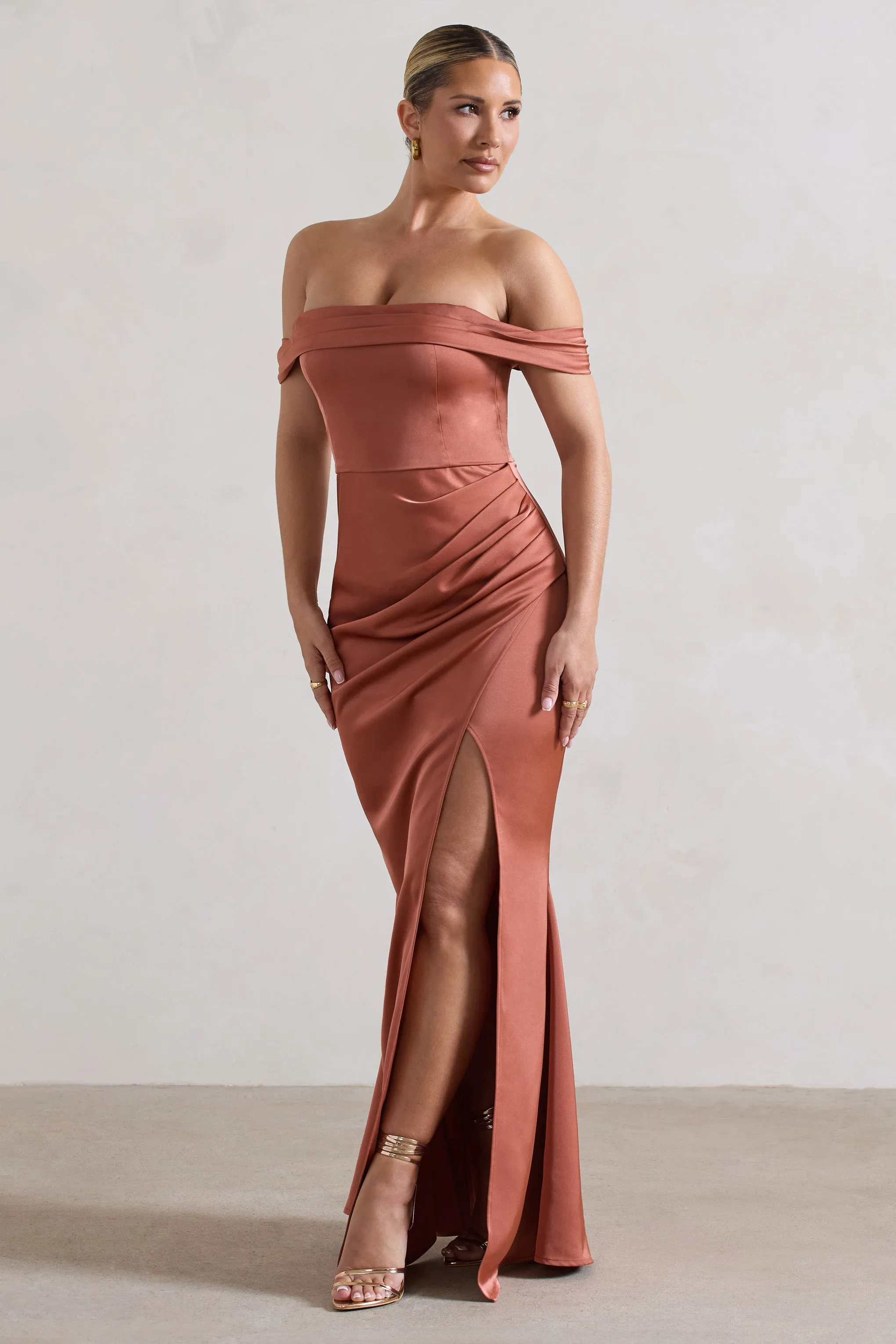 Katia | Rust Satin Bardot  Maxi Dress