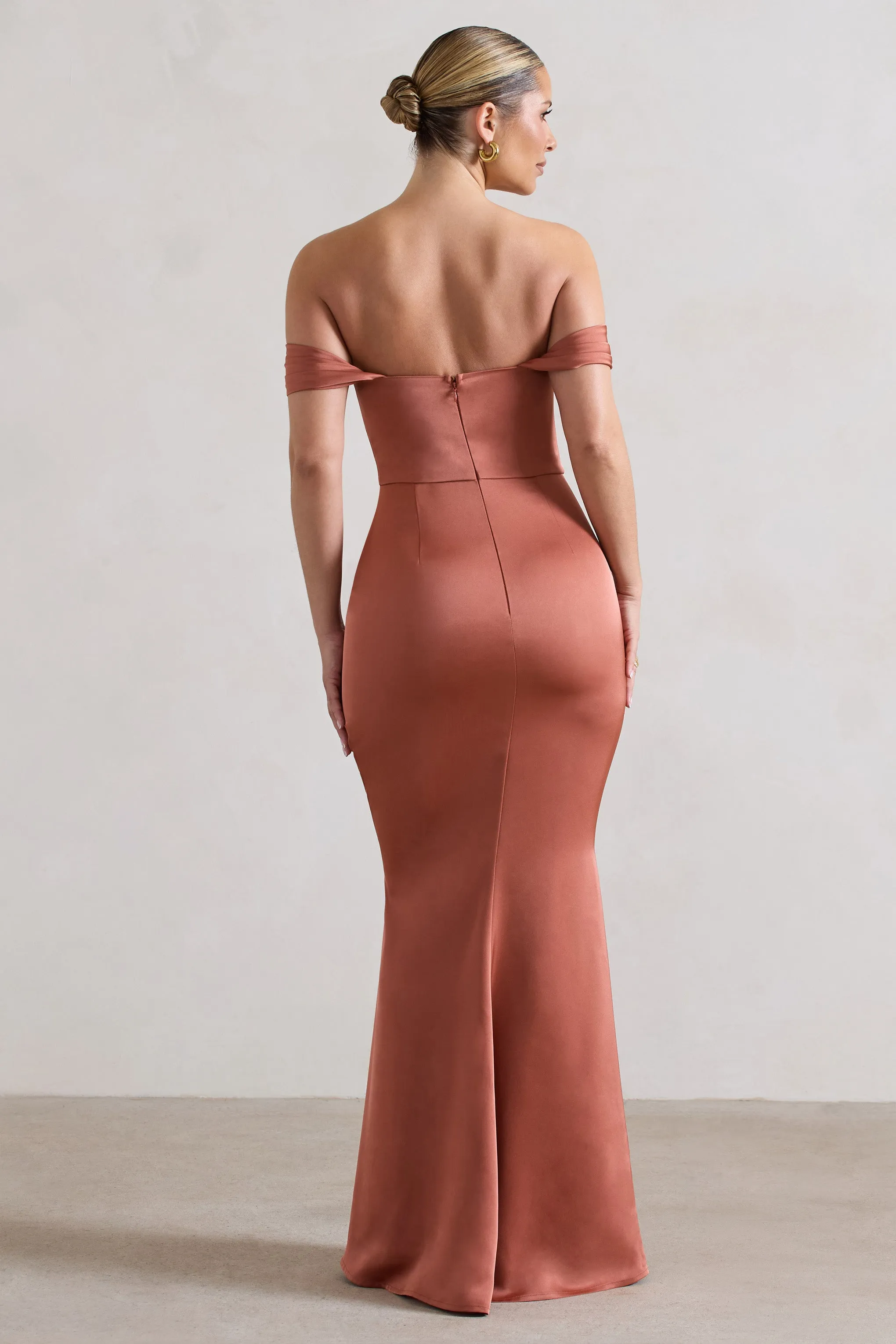 Katia | Rust Satin Bardot Maxi Dress