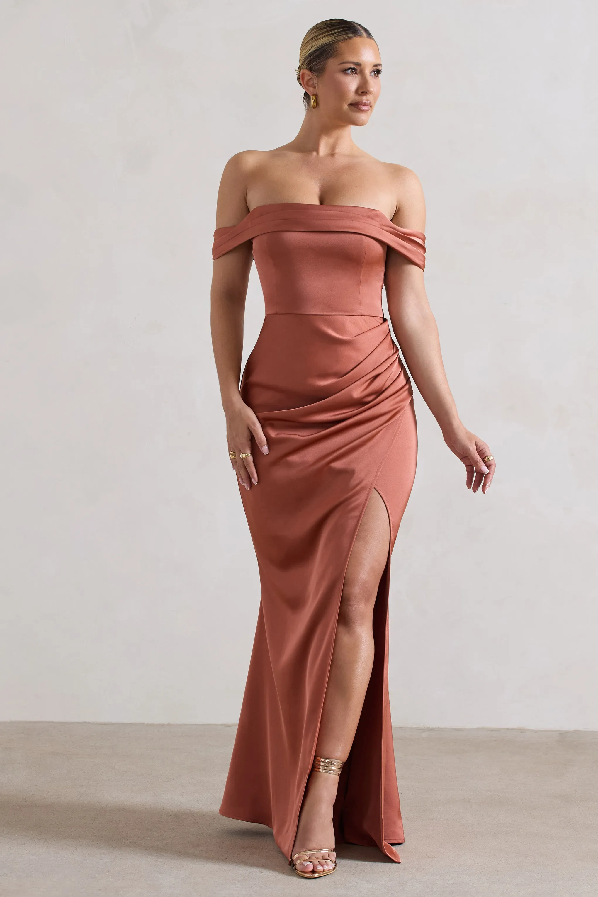 Katia | Rust Satin Bardot  Maxi Dress