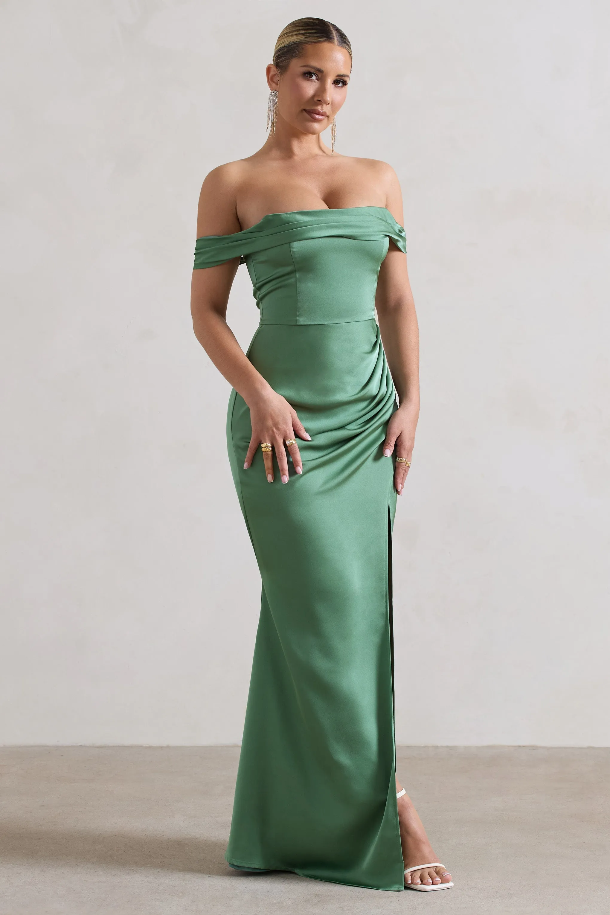 Katia | Soft Green Satin Bardot Fishtail Maxi Dress