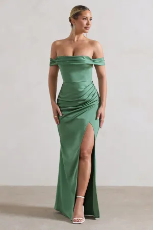 Katia | Soft Green Satin Bardot  Maxi Dress