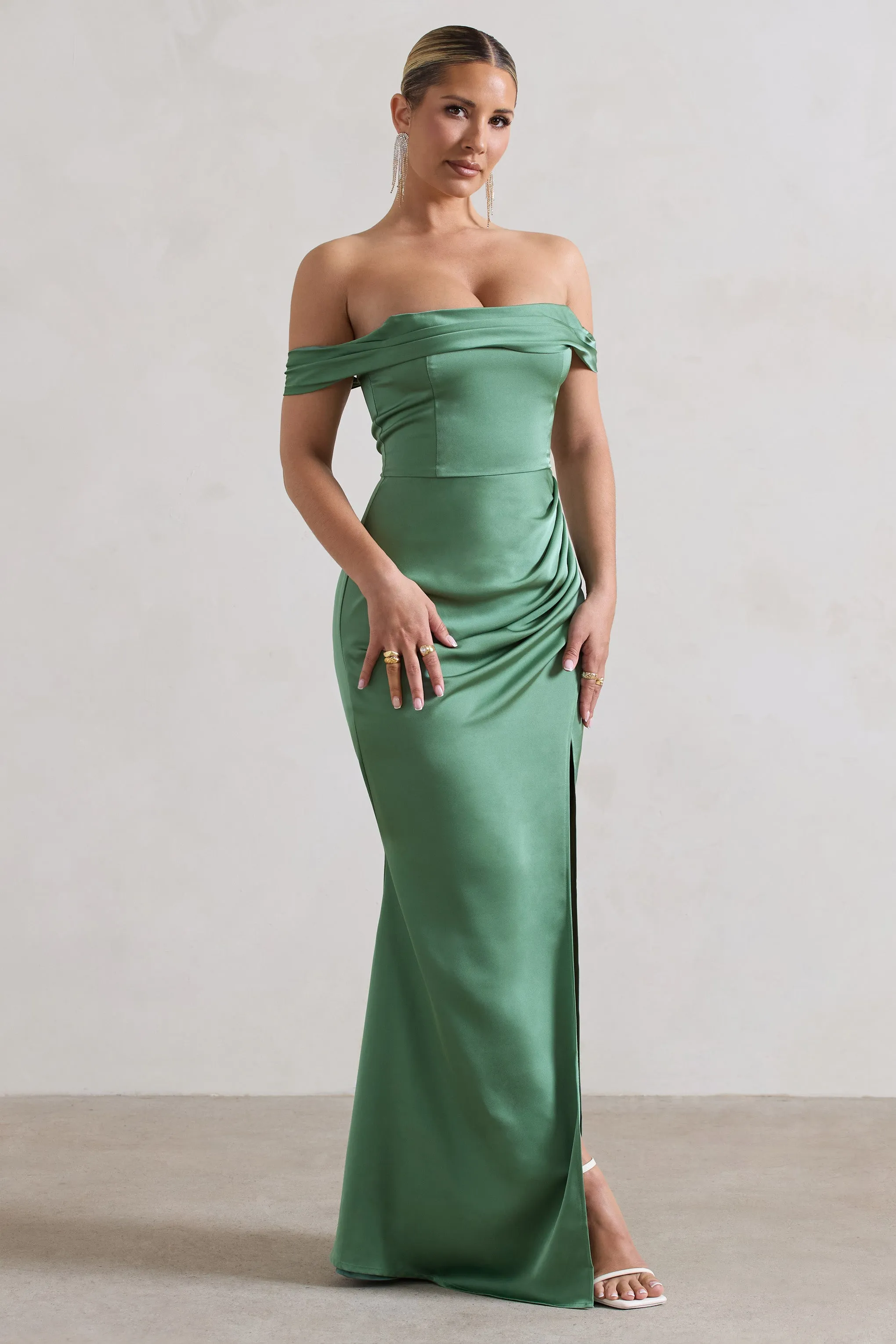 Katia | Soft Green Satin Bardot Maxi Dress