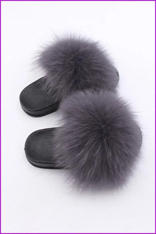 Kids Dark Grey Fox Fur Sliders F003