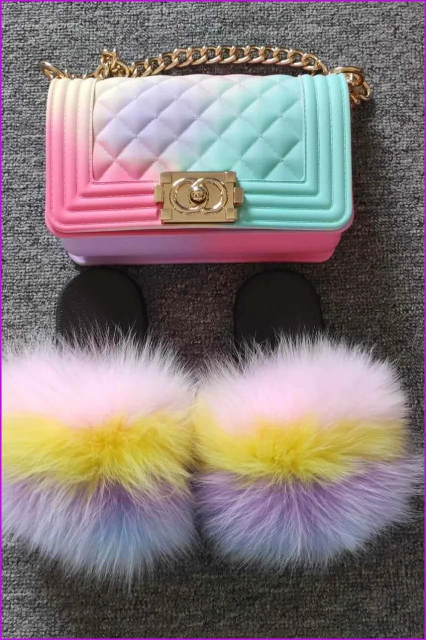 Kids Fluffy Slides & Purse Set F873